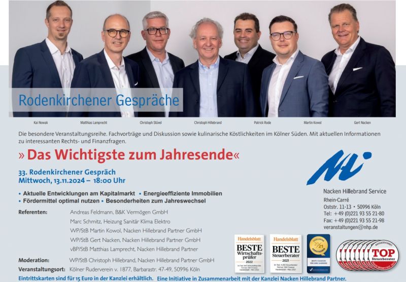 33. Rodenkirchener Gespräch am 13.11.2024 um 18.00 Uhr - "Das Wichtigste zum Jahresende"
